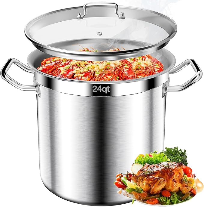 Stainless Steel Stock Pot - 24QT Heavy Duty Induction Cooking Pot with Visible Lid, Nonstick Thick Bottom Big Stockpot, Deep Cookware for Canning, Boiling Beer Brewing, Soup, Seafood Boil Soup Pots