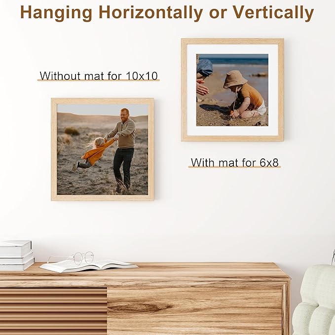 Vittanly 10x10 Picture Frame, Solid Wood Frame with Plexiglass, Includes 8x8 Mat, Wall Hanging or Tabletop for Photos, Home Decor, Natural, 1 Pack