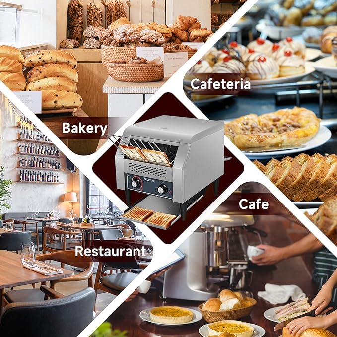 Commercial Toaster 300 Slices/Hour Industrial Conveyor Toaster 1900W Stainless Steel Restaurant Toasters for Croissants, Toast, Bun, Bagel, Bread