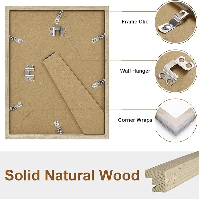 Vittanly 8.5x11 Picture Frame, Solid Wood Frame with Plexiglass, Includes 6x8 Mat, Wall Hanging or Tabletop for Photos, Home Decor, Light OAK, 1 Pack