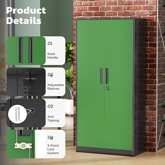Greenvelly Metal Garage Storage Cabinet with 2 Doors and 4 Adjustable Shelves, 72”H Steel Lockable Storage Cabinet,Tall Metal Cabinet Locking File Cabinet for Office,Home, Garage, Gym, School