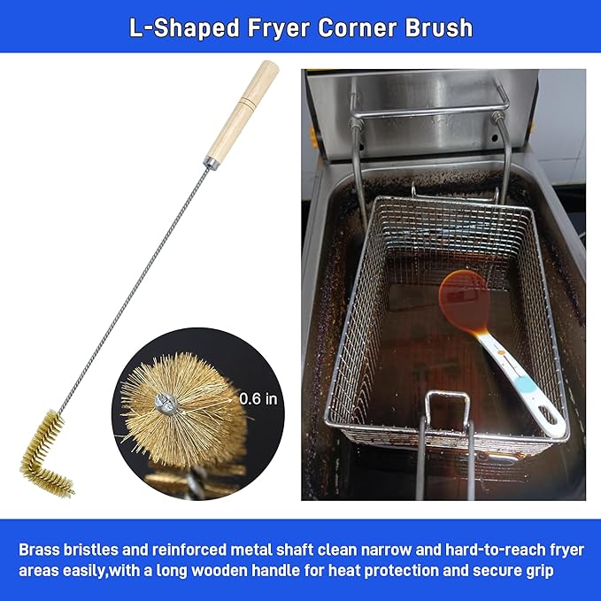 4 Pieces Fryer Cleaning Tool Sets, High Temp Deep Fryer Cleaner Kits Including Stainless Steel Crumb Scoop, L-Shape Fryer Cleaning Brush, Long Handle Basket Brush & Cleanout Rod for Commercial Kitchen