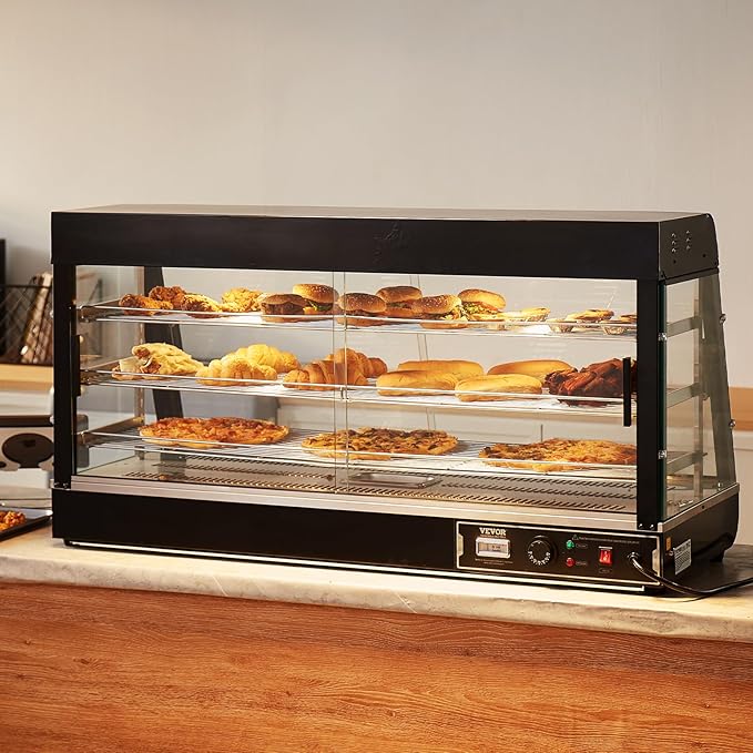 VEVOR 3-Tier Commercial Food Warmer Display, 1500W Food Display Warmer with Light, Adjustable Shelf and Temperature Display, 86℉~185℉ Steam Heating, 180L for Hamburger, Pizza, Bread, Fried Chicken