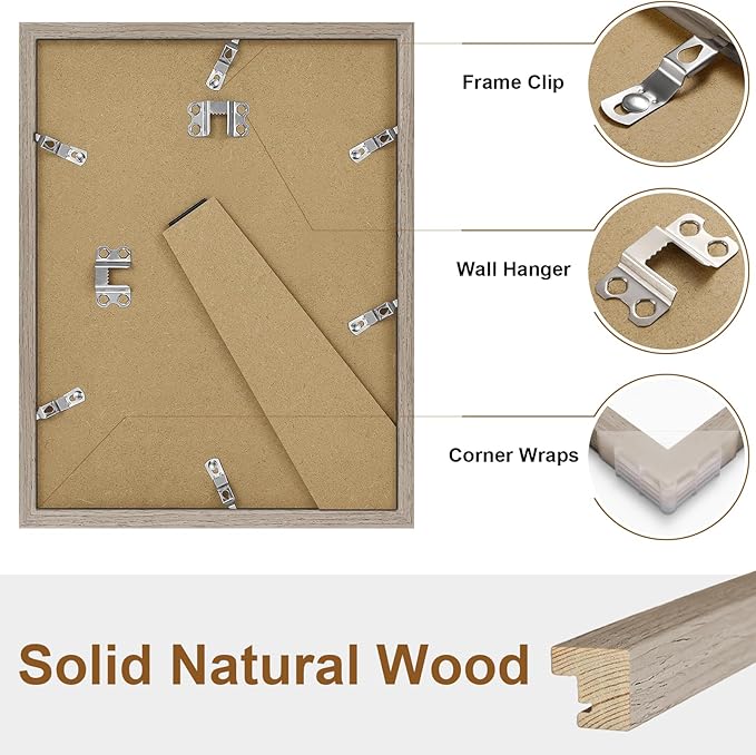 Vittanly 8.5x11 Picture Frame, Solid Wood Frame with Plexiglass, Includes 6x8 Mat, Wall Hanging or Tabletop for Photos, Home Decor, Light Brown, 1 Pack