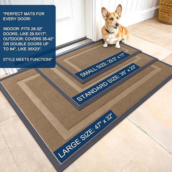 OLANLY Front Door Mat Indoor Outdoor Entrance, Waterproof All-Season, All-Weather Doormat, Sturdy Natural Rubber, Fade Resistant, Low Profile, Easy Clean Patio Porch Entryway Mat, 59x40, Light Borwn