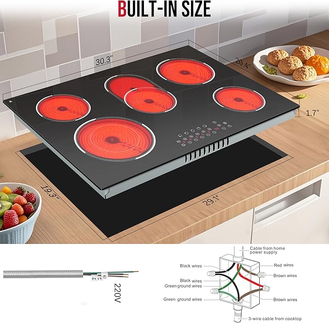 30 Inch Electric Cooktop, Built-in 5 Burner Electric Stovetop 8400W, 30" Glass Ceramic Cook Top with Expanded Zone, Child Safety Lock, Timer, Pause Control, 220V - 240V Hard Wire, No Plug