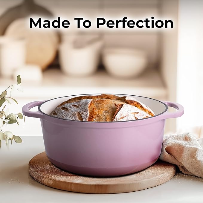 Zulay Kitchen 6 Quart Enameled Cast Iron Dutch Oven Pot with Lid – Premium Durability & Oven Safe up to 500°F – Heavy Duty Cookware Perfect for Bread Baking, Stews, Braising & Roasting – Pink