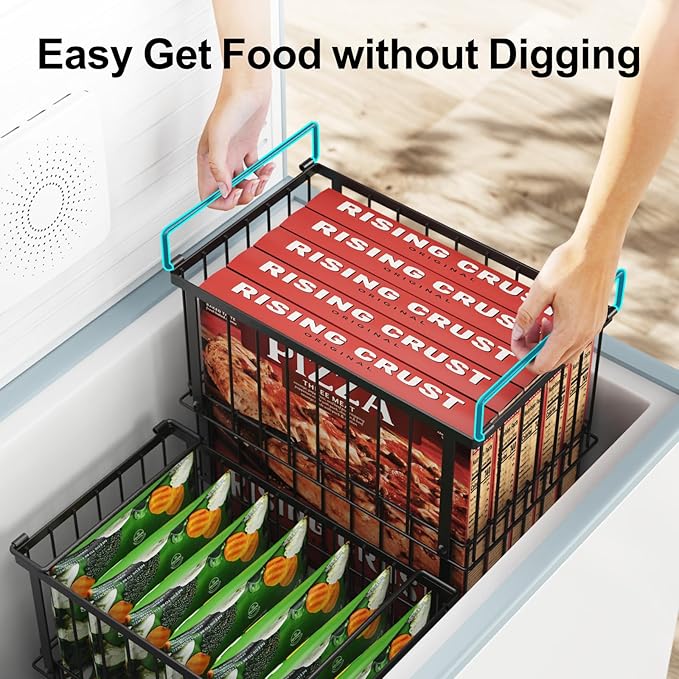 iSPECLE Deep Freezer Organizer Bins - 4 Pack Large Adjustable Freezer Organizer Bins for 5 to 7 Cu.Ft Chest Freezer, Stackable No Wasted Space, Easily Access Pizza (≤12") without Digging, Black