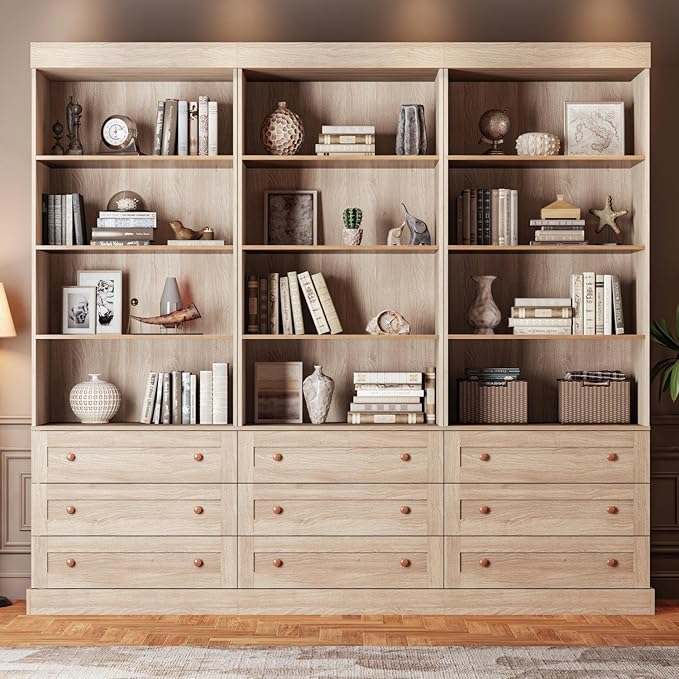 Vyre 71" Tall Farmhouse Kitchen Pantry, Set of 3 Large Storage Cabinets with 3 Drawers & Adjustable Shelves, Versatile Wood Hutch for Living Room & Dining Room, Brown