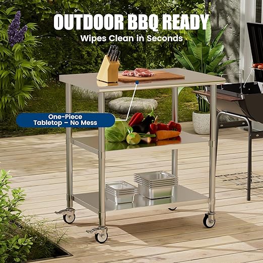 Stainless Steel Work Table with Wheels, 24x36 Inch NSF Kitchen Prep Table with 2 Adjustable Undershelves for Commercial Restaurant, Garage, Outdoor BBQ
