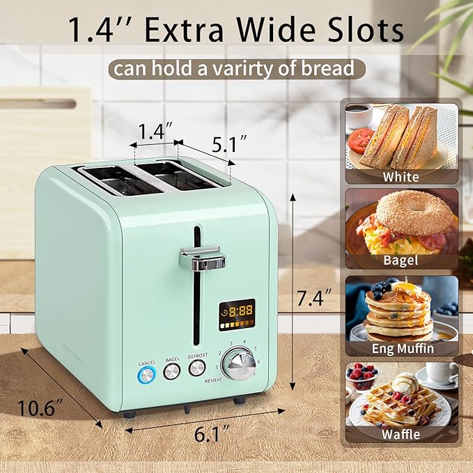 SEEDEEM 2 Slice Toaster With Color LCD Display - Stainless Steel, 7 Bread Shade Settings, 1.4'' Wide Slots, Bagel/Defrost/Reheat Functions, Removable Crumb Tray, 900W, Mint