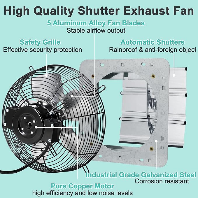 10 Inch Shutter Exhaust Fan with Thermostat and Speed Controller, Wall Mounted Vent Fan for Attic, Greenhouse, Shed, Garage, Chicken Coop, Shop Ventilation, 820 CFM, 1200 SQF Coverage Area