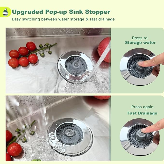 Kitchen Sink Drain Strainer, Sink Strainer, 3 in 1 Kitchen Sink Stopper, Sink Drain Stopper with an Extra Anti-Clog Sink Strainer Basket for Standard 3-1/2" Drain, Brass Material Electroplated Chrome
