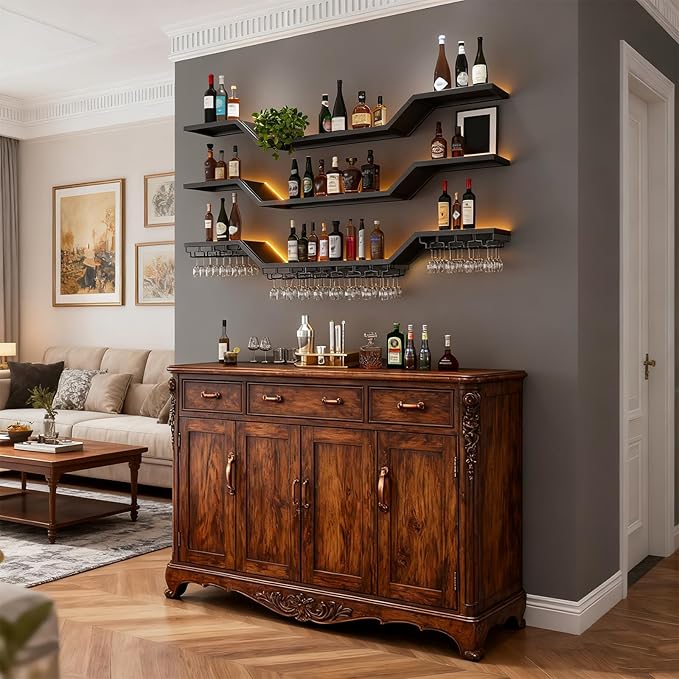 55.1in Modern LED Wine Rack Wall Mounted, 3-Tier Floating Bar Shelves with Wine Glass Rack, Large Hanging Liquor Shelf Wall Mounted, for Home Bar Dining Room Cafe Decorative (Black, 55.1in/140cm)