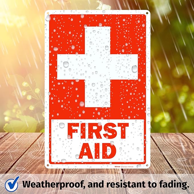 Brimar - 12 x 18" - First Aid Sign - .063″ White Rust-Free Aluminum - Clear Message - Large Size
