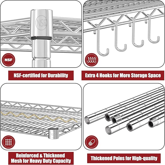 PrimeZone 4 Tier 55.5" Wx24 Dx76 H Wire Shelving with Wheels 2400lbs NSF Certified Storage Shelves Heavy Duty Metal Shelf Adjustable Rolling Rack Commercial Garage Restaurant Warehouse Kitchen Chrome