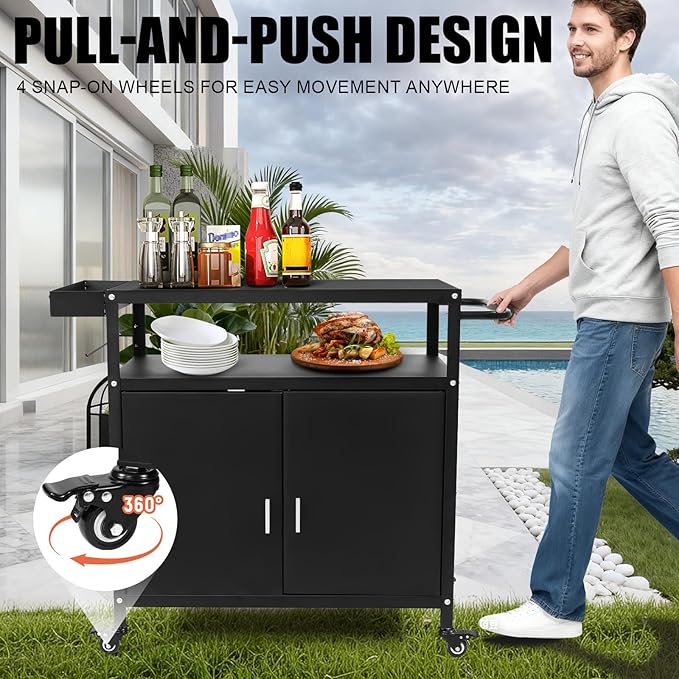 Grill Cart with Storage, Outdoor Bar Cart Rolling BBQ Cart Movable Pizza Oven Table Stand with Foldable Stainless Steel Top & Storage Cabinet, Black（34.6 x 17.7 x 34.6 Inch）