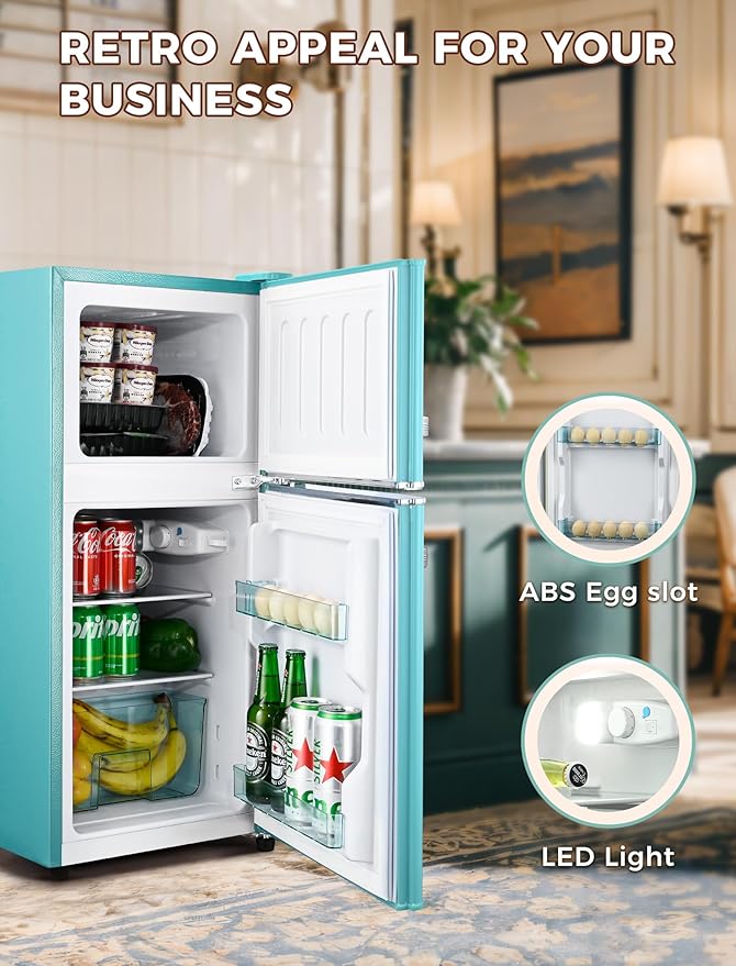 3.2 Cu.Ft Fridge with Freezer with 2 Doors, Refrigerator with 7 Level Temperatures, LED Light, Adjustable Shelves, Food Storage Cooling Drink for Bedroom, Office, Dorm, Apartment, Blue