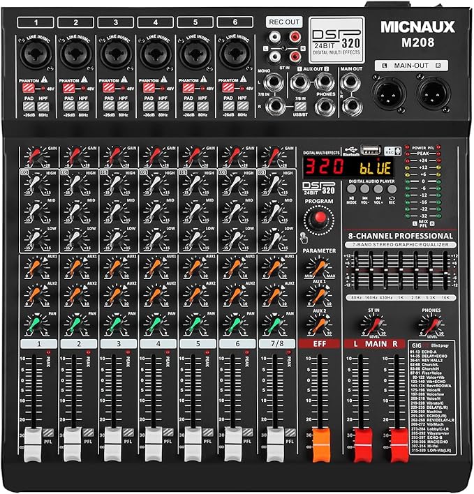 Audio Mixer 8 Channel Professional Sound Console Music Mixer with 320 DSP Effects, 7-band EQ DJ Mixing Board w/USB, Bluetooth, 48V Power Supply, PAD Button for Recording Karaoke PA Drum Live