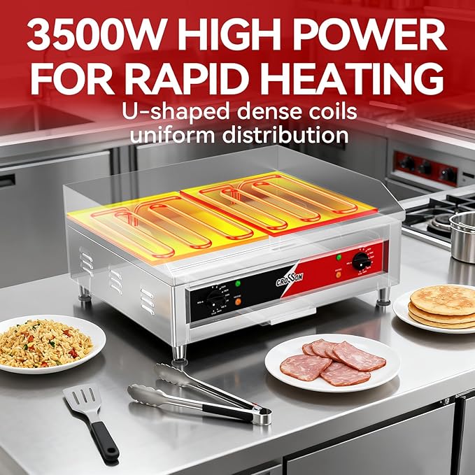 CROSSON 24"*16" Commercial Chrome Plated Griddle,Electric Countertop Griddle with Non-Stick 2/5" Thick Cooking Plate and Double Section 575℉ Adjustable Temp Control for Restaurant use-120V,3500W
