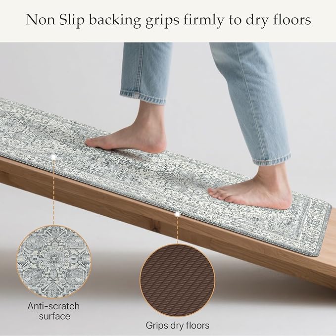 GENIMO Kitchen Mats for Floor, 2PCS Kitchen Rugs Non Slip Washable, Waterproof Anti Fatigue Mat, Comfort Standing Runner Rug for Sink, Office, Laundry, Home, 17.3"x47"+17.3"x30", Blue Grey