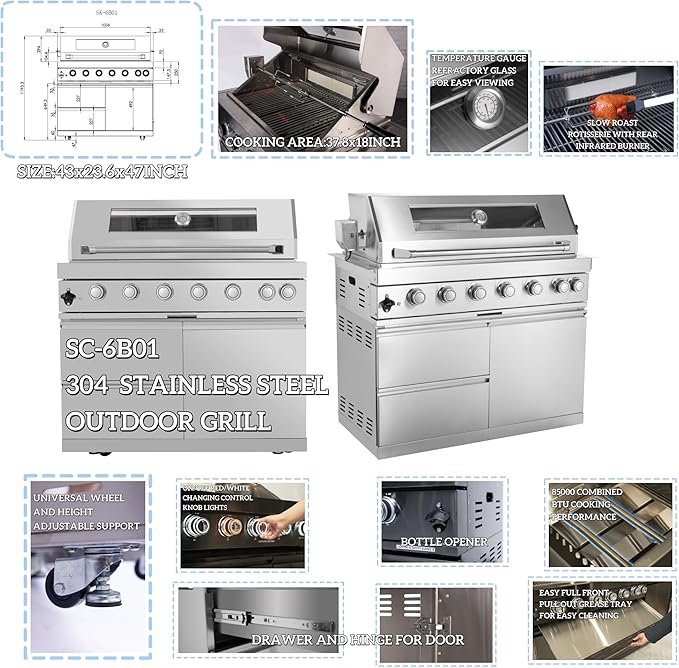 96'' 6-Burner 85000 BTU Deluxe Stainless Steel Propane Gas Outdoor Kitchen Barbecue Island Grill, Wine Cooler Compact Refrigerator, Rotisserie Kit, Granite Countertops, Stainless Steel Sink, Silver