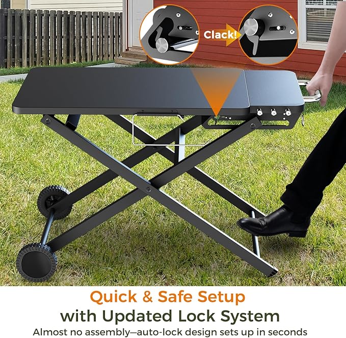Grill Table Stand for Blackstone 17” & 22” Griddle, Ninja Woodfire Outdoor Grills, Ooni Pizza Oven, 34"x20" Foldable Grill Cart with Wheels and Handle for Camping & Backyard BBQ