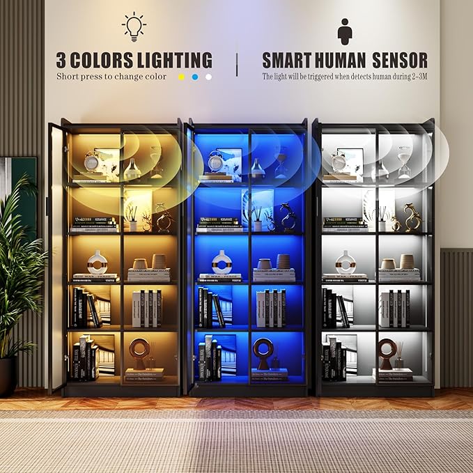 Display Cabinet with Doors and Adjustable Shelves, 65" Tall Bookcase with LED Lights/Human Sensor, 5 Tier Display Case for Collectibles Bedroom Living Room Office, Black