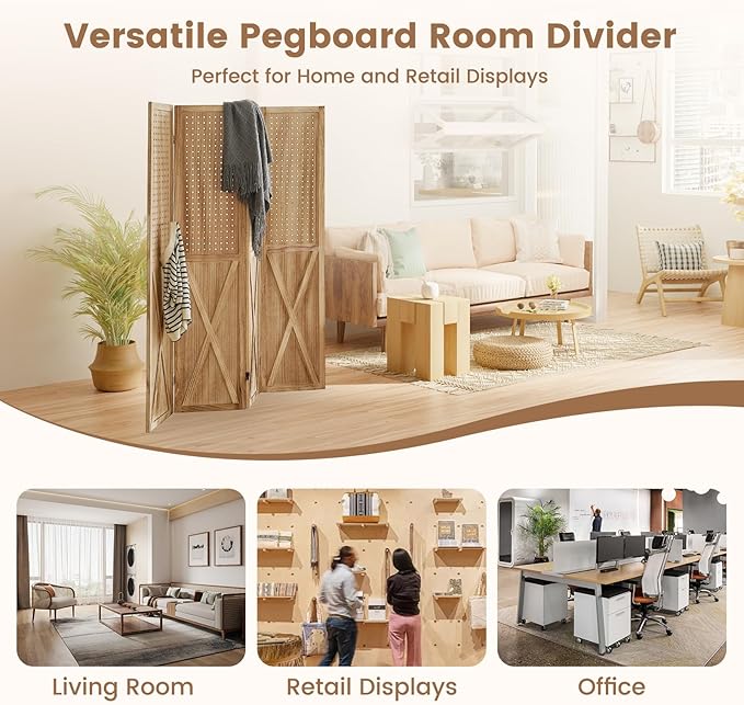 4 Panel Pegboard Wood Room Divider, 5.6Ft Pegboard Display Folding Privacy Screens, Peg Board Display Freestanding for Trade Show Craft Show Home Wall Organizer, Light Brown