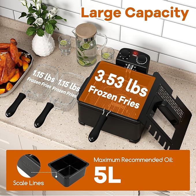 SIMOE 5L Electric Deep Fryer with 3 Baskets and Lid,1700W Countertop Electric Oil Fryer w/Temperature Control, View Window, Adjustable Timer, Deep Fryer for Home Use
