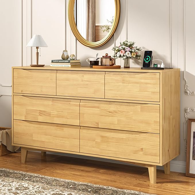 55”Solid Wood Drawers Dresser with Power Outlets, 7 Drawer Dresser for Bedroom, Mid Century Modern Vintage Large Chest of Dresser for Hallway, Entryway,Cutout Handle, Storage Essentials, Natural