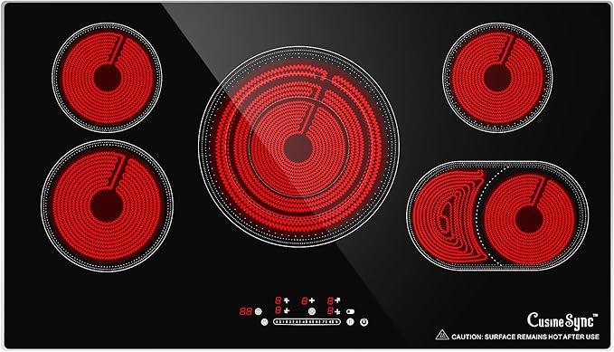 36 Inch Built-In Radiant Electric Cooktop, 5 Burner Smoothtop Stove Top with Triple Expandable Zone, 9200W 240V Hardwired Touch Control, 9 Power Levels, Timer, Child Lock & Hot Surface Indicator