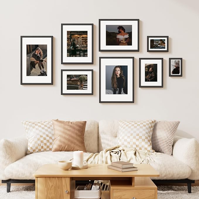 Vittanly 8x8 Picture Frame Set of 2, Solid Wood Frame for Wall or Tabletop, Display Photo 4x4 with Mat or 8x8 without Mat, Black