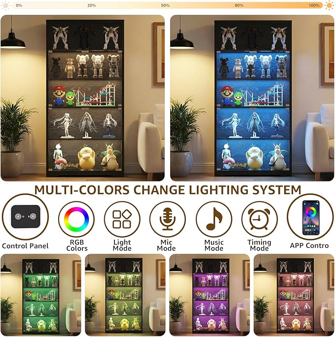 70.8" H Glass Display Cabinet - 5-Tier Curio Cabinet with RGB LED Lights for Collectibles - Large Glass Display Case with Human Body Sensor for Bedroom Living Room Office - Black