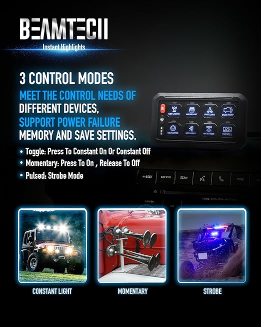 BEAMTECH 8 Gang Switch Panel, RGB Multifunction Switch Toggle Momentary Pulsed Circuit Control Relay System Box Auxiliary Touch Control Switch LED Light Controller for Off Road ATV UTV Car Truck Van