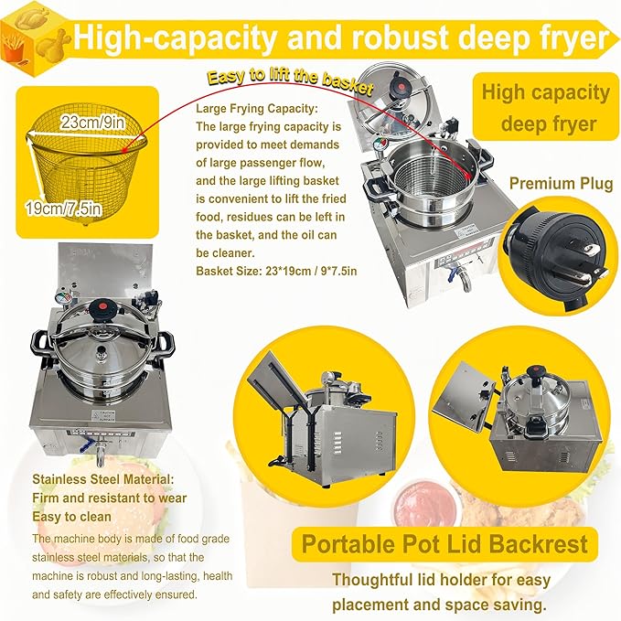 16L Commercial Pressure Fryer, 220V 3000W Electric Countertop Deep Fryer with Digital Control Panel, 304 Stainless Steel Frying Basket with Handle for Chicken Wings Chips Fishes Meatballs