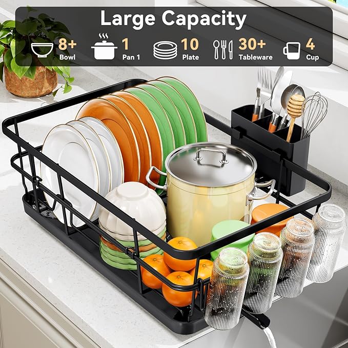 TOOLF Large Dish Drying Rack for Kitchen Counter,Kitchen Dish Racks with Drainboard,Sink Dish Strainer Rack,Countertop Dish Drainer Rack with Cup & Utensil Holders,Black