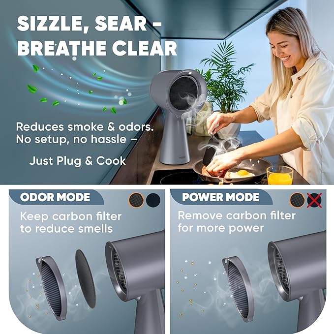 BREETEE Portable Range Hood Kitchen–5-Layer Filter Compact Desktop Exhaust Fan, Powerful 3-Speed Smoke Removal, Low Noise Countertop Range Hood, Oil Cup, for Apartments, Dorm, RV, Indoor BBQ - Grey