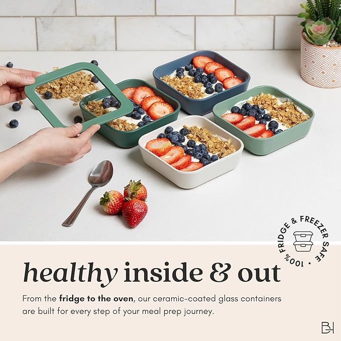 Ceramic Coated Glass Food Storage Container | No PTFE, PFOA, PFAS, and BPA | Reusable Non Toxic Meal Prep Container with Glass Lid | Easy To Store | 3 Cup Rectangle [Willow]
