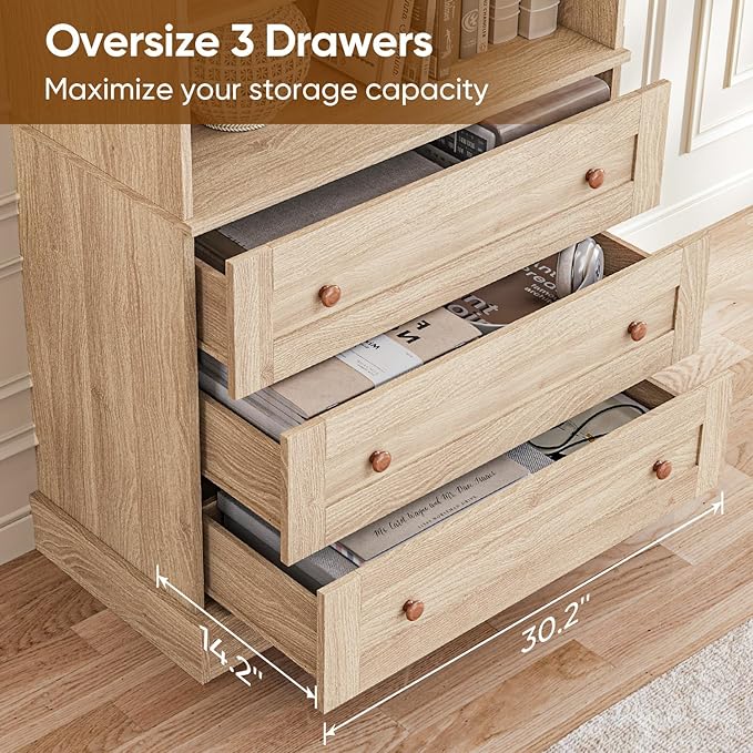 Vyre 71" Tall Farmhouse Kitchen Pantry, Large Storage Cabinets with Glass Doors, Freestanding Wood Hutch Cabinet with 3 Drawers & Adjustable Shelves for Living Room & Dining Room, Brown, Set of 3