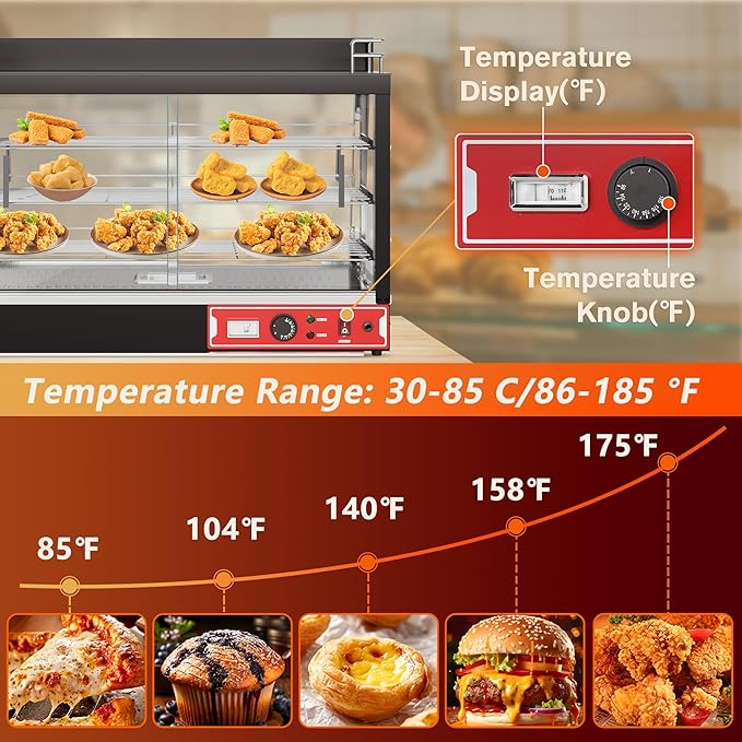 35-inch Commercial Food Warmer Display Case, 3-Tier Countertop Food Pizza Pastry Warmer with Top Rack for Pizza/Pretzel,3D Heating with LED Lighting Removable Shelves Glass Door,for Restaurant