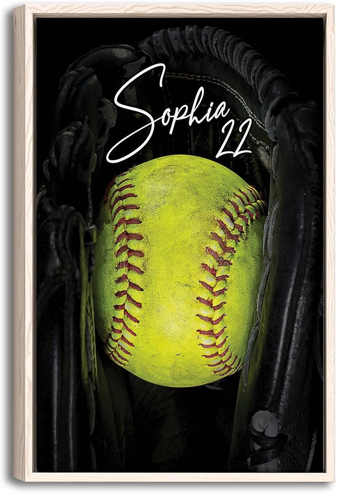 Custom Softball Ball Black Glove Sports Gift For Girls Players Personalized Name Number Poster & Framed Canvas, Wall Art Home Office Decoration Living Room Bedroom Aesthetic Decor