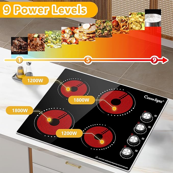 24 Inch Electric Cooktop, 4 Burner Ceramic Stove with 9 Power Levels, Knob Control, Auto shutdown and Residual Heat Warning, 6000W, 220-240V for Hard Wire