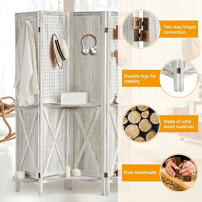 4 Panel Pegboard Display with 16 Hooks, Wooden Pegboard Room Divider Wall with Shelf, Partition Room Dividers and Folding Privacy Screens, Bedroom, Jewelry Store, White
