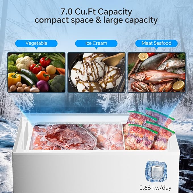 Kismile 7.0 Cubic Feet Chest Freezer with Removable Baskets Free Standing Top Open Door Compact Freezer with Adjustable Temperature for Home/Kitchen/Office/Bar (7.0 Cu.Ft, White)