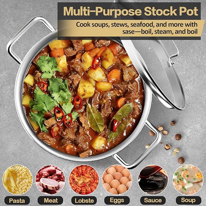 Stainless Steel Stock Pot - 24QT Heavy Duty Induction Cooking Pot with Visible Lid, Nonstick Thick Bottom Big Stockpot, Deep Cookware for Canning, Boiling Beer Brewing, Soup, Seafood Boil Soup Pots