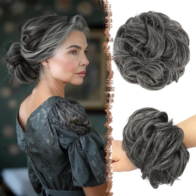 FESHFEN Large Messy Bun Hair Piece - Wavy Synthetic Chignon Scrunchies Elastic Ponytail Hair Extensions Thick Hairpieces for Women, Dark Salt and Pepper 1.94oz