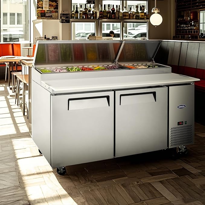 67" Commerical Pizza-Sandwich Prep Table Refrigerator - Double Door Stainless Steel Refrigerator, 21 Cu.ft Capacity, Low Noise, Adjustable Shelves, Auto Defrost, Digital Temp Control