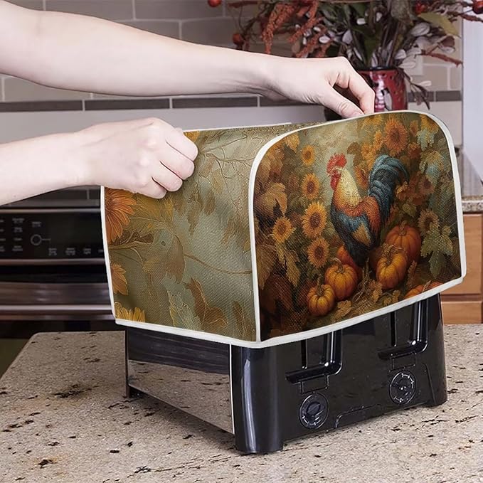UNICEU Fall Toaster Cover 4 Slice Rooster Pumpkin Sunflower Print Stain Resistant Dust Proof Cover for Bread Maker Washable Kitchen Small Appliance Covers
