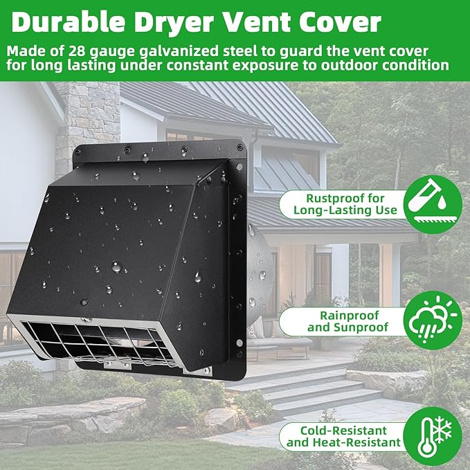 5" Dryer Vent Cover,Outside Dryer Vent Cover for Exterior Wall Vent Hood,Exhaust Vent Cover for Dryer Vents Kitchen Range Hood Vent AC Vent Duct House Air Exhaust,Dryer Vent Kit Through Wall,Black